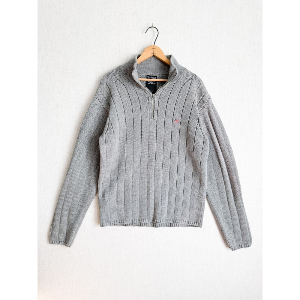 Polo Jeans Co Ralph Lauren‎ Mens Large Gray Ribbed Cotton Quarter Zip Sweater RL